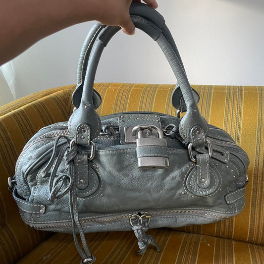 Vintage Chloé Paddington Zippy Satchel Bag in Grey Blue Leather